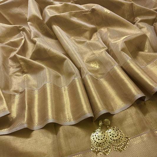 Antique gold maheshwari tissue silk saree with flower motifs all over