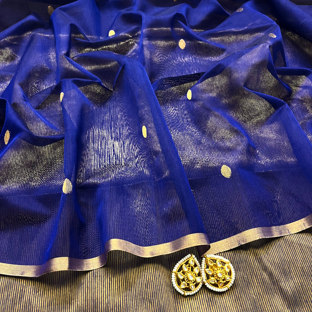 Ready to wear | Dark Blue Maheshwari Saree with Zari Bootis & Zari Lines