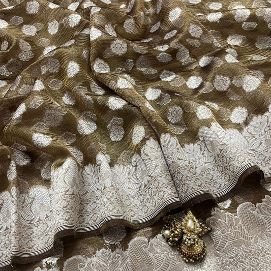 Antique gold and silver banarasi tissue silk saree with zari motifs all over
