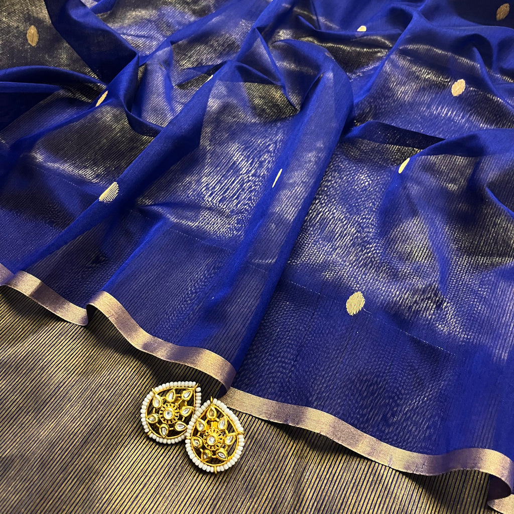 Ready to wear | Dark Blue Maheshwari Saree with Zari Bootis & Zari Lines