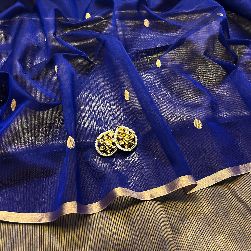 Ready to wear | Dark Blue Maheshwari Saree with Zari Bootis & Zari Lines
