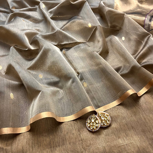Antique gold maheshwari saree with zari bootis and zari lines