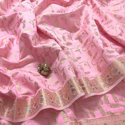 Pink banarasi silk saree with zari work all over