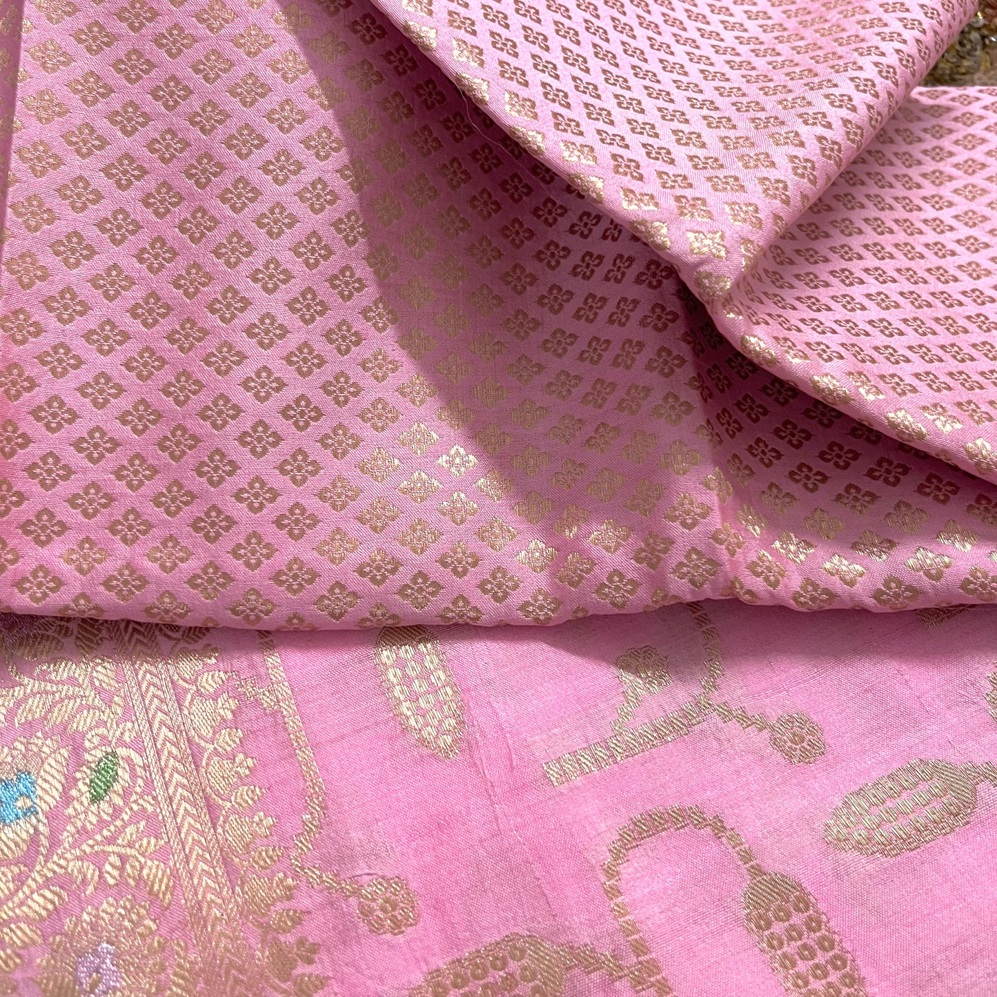 Pink banarasi silk saree with zari work all over