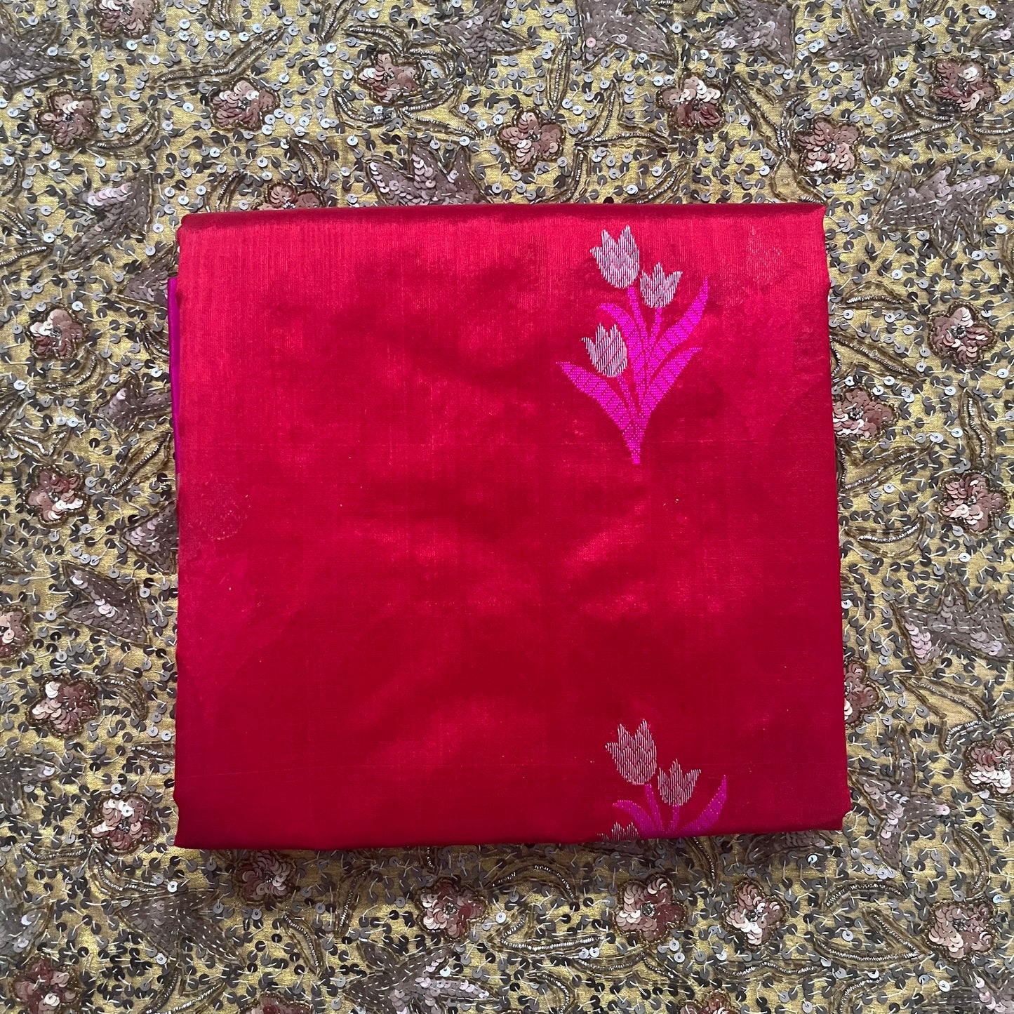 Red and pink chanderi saree with flower motifs all over