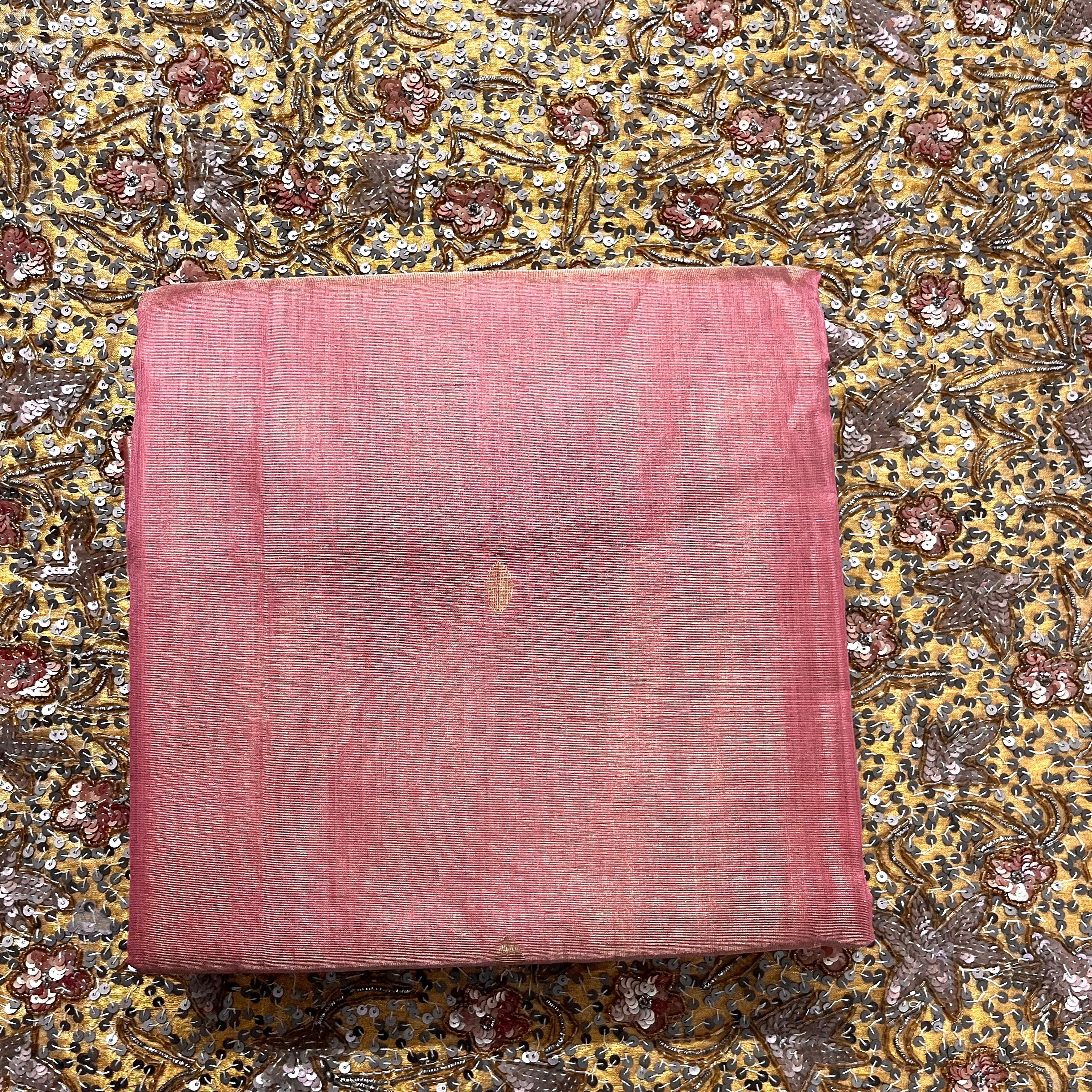 Rose and gold maheshwari tissue silk saree with zari bootis all over