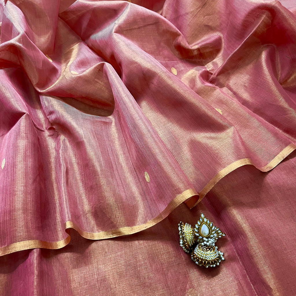 Rose and gold maheshwari tissue silk saree with zari bootis all over