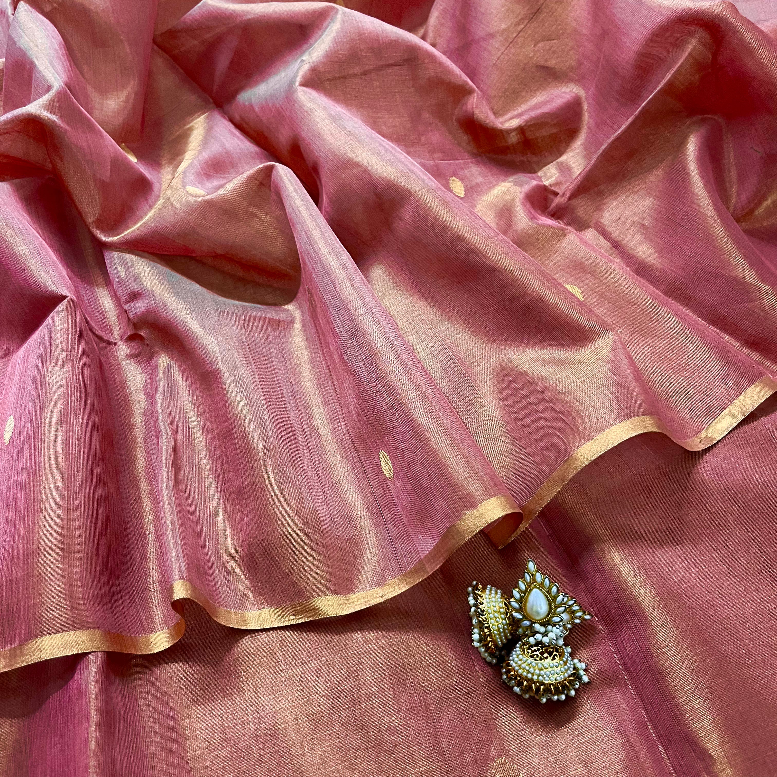 Rose and gold maheshwari tissue silk saree with zari bootis all over