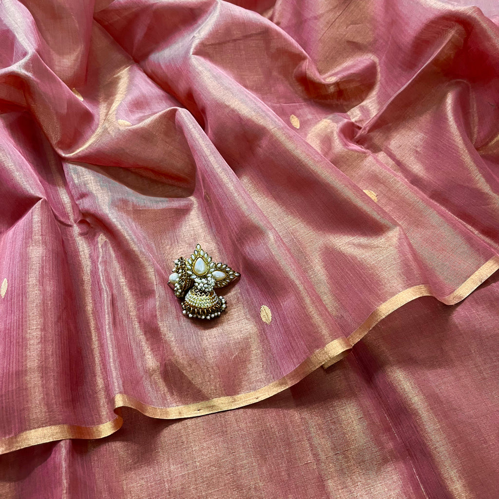 Rose and gold maheshwari tissue silk saree with zari bootis all over