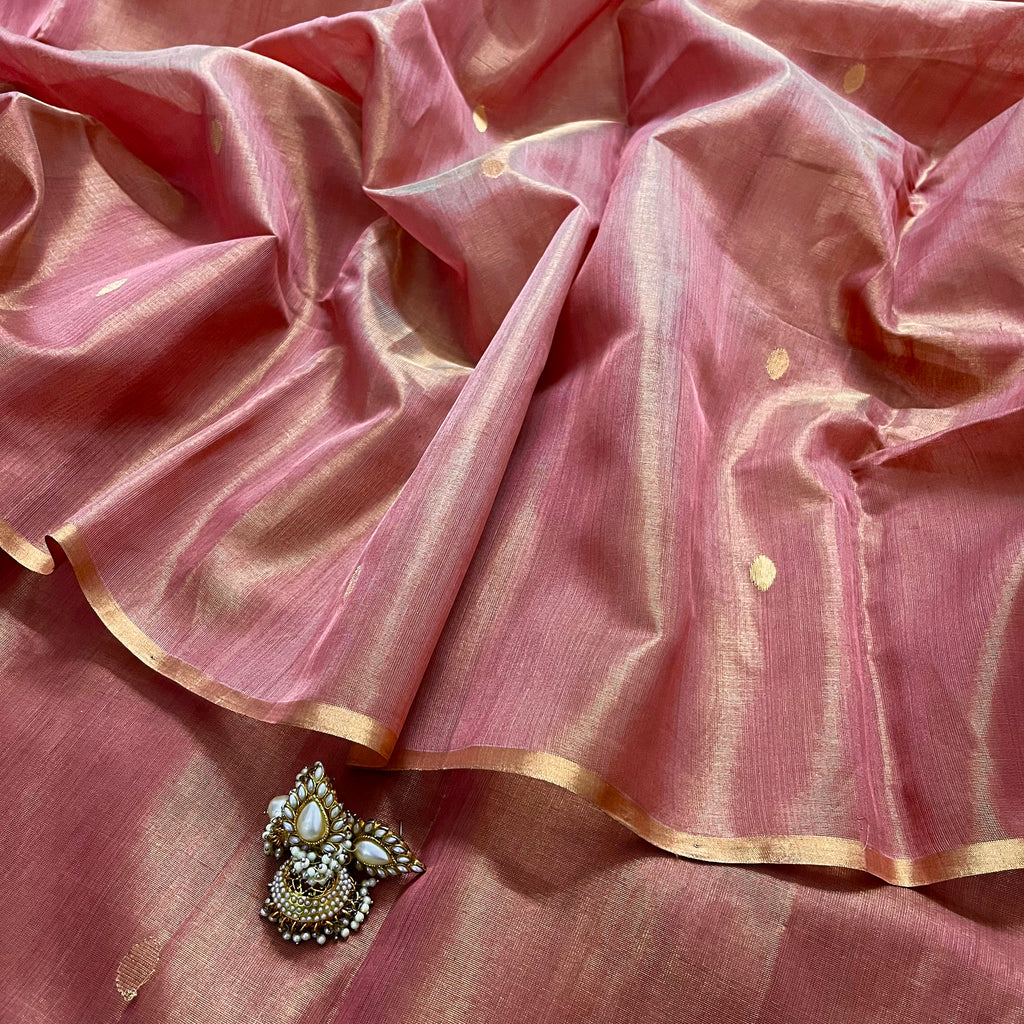 Rose and gold maheshwari tissue silk saree with zari bootis all over