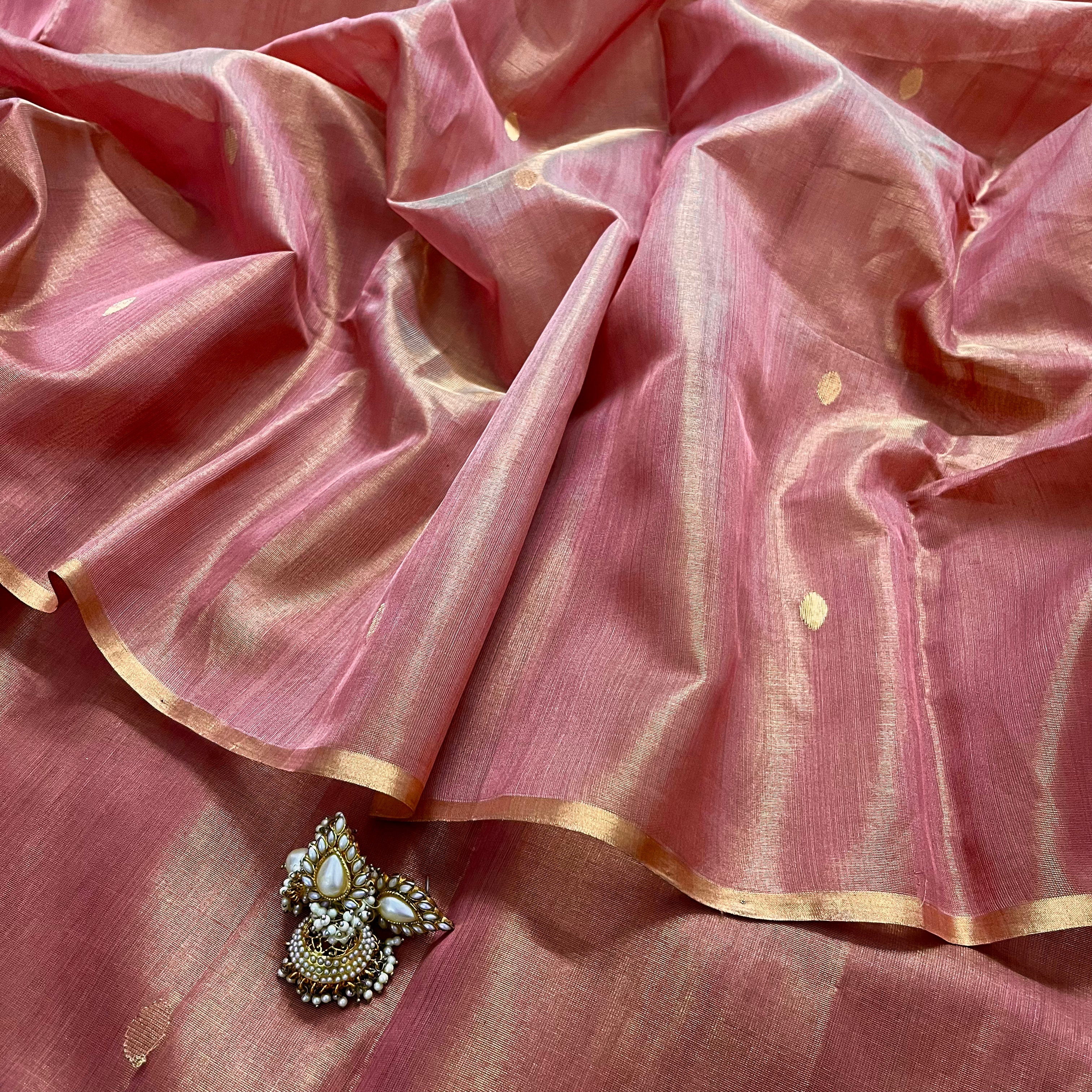 Rose and gold maheshwari tissue silk saree with zari bootis all over