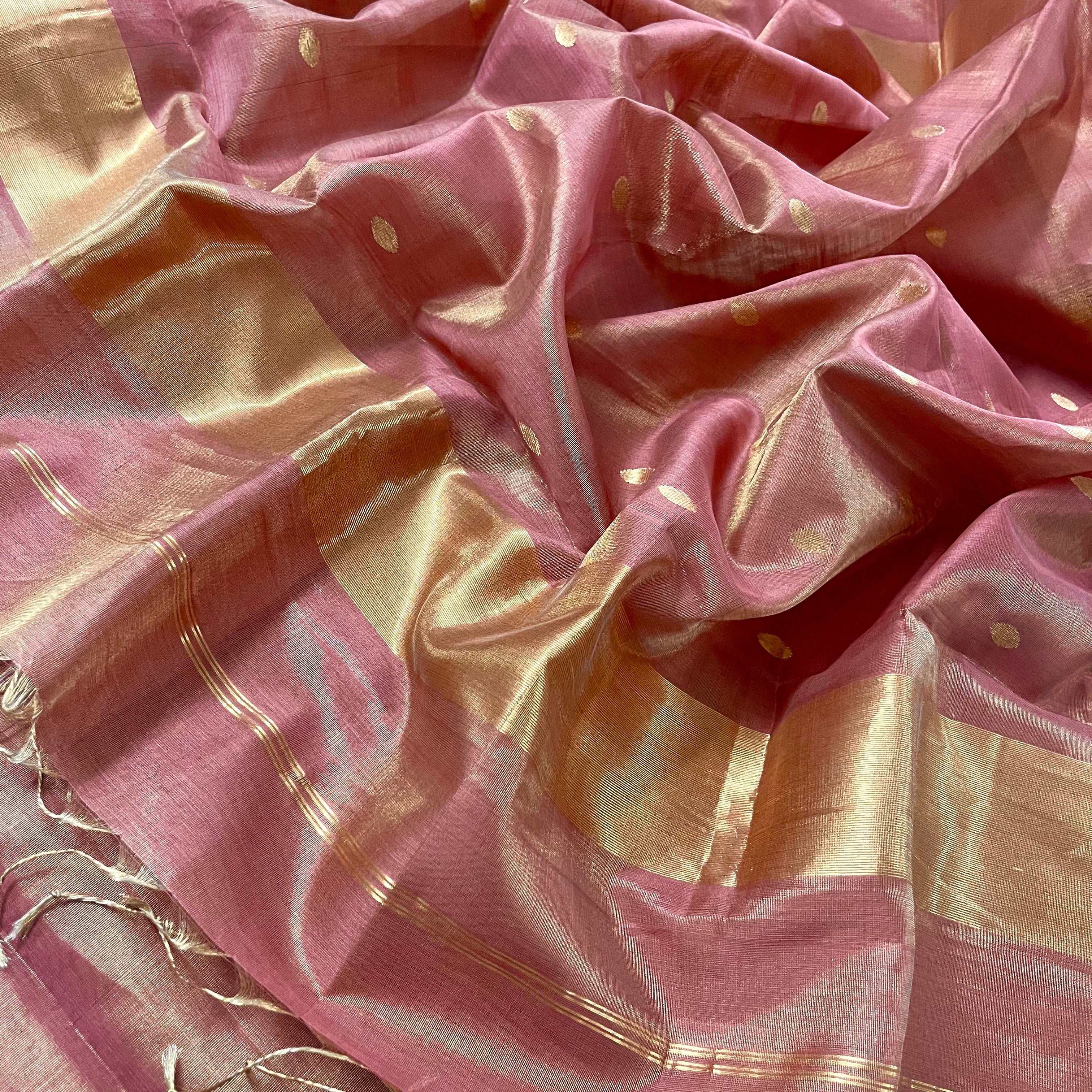 Rose and gold maheshwari tissue silk saree with zari bootis all over