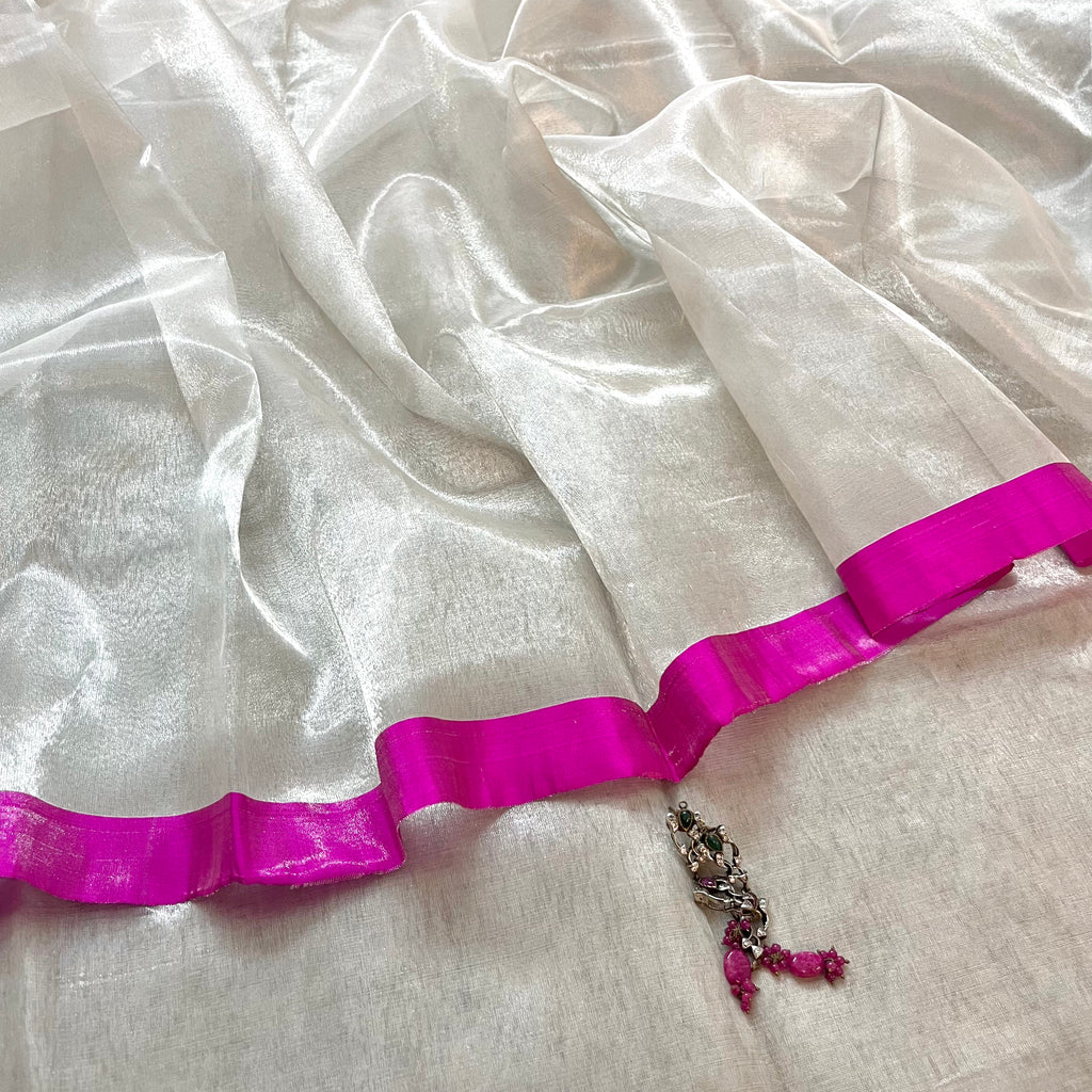 Silver white & hot pink chanderi tissue silk saree