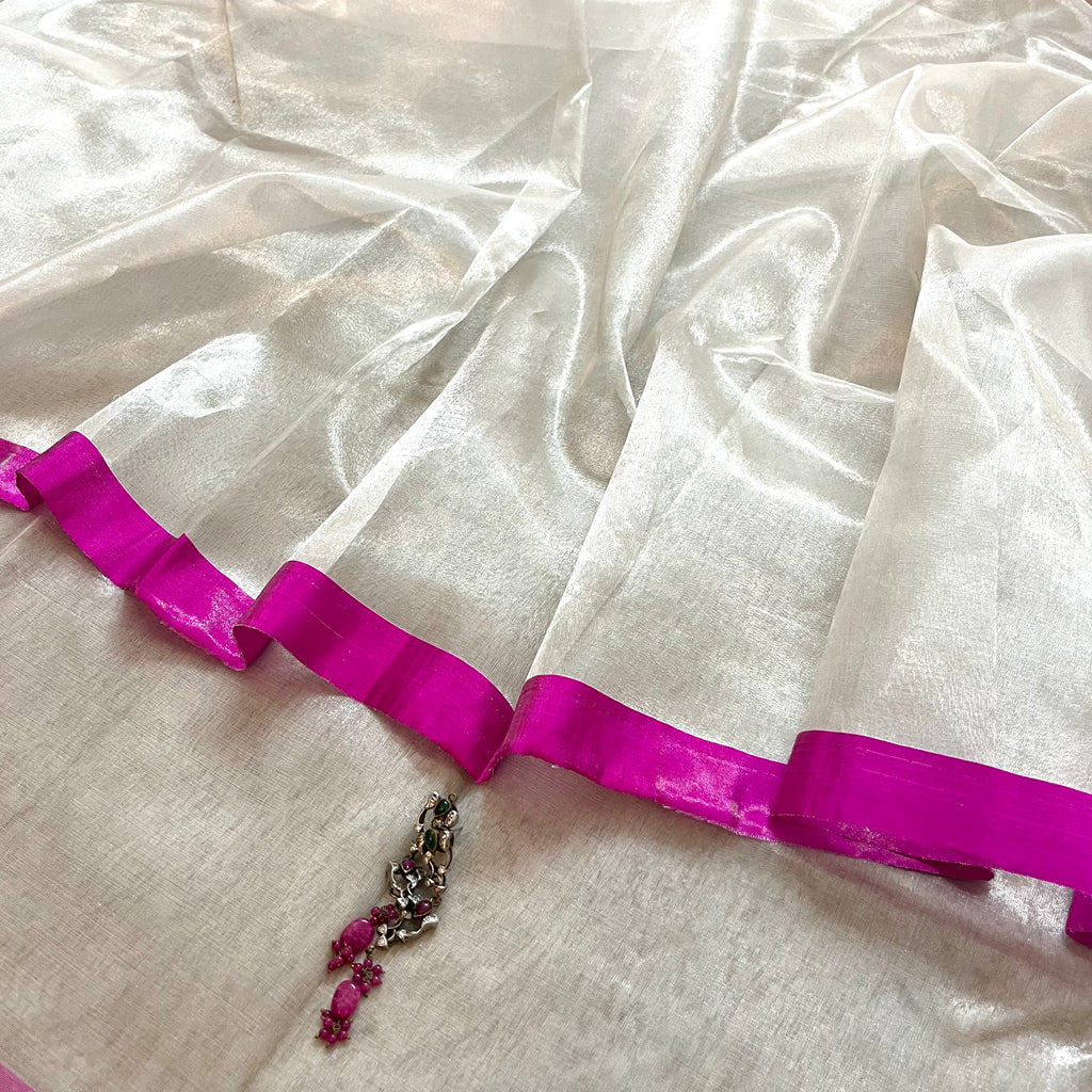 Silver white & hot pink chanderi tissue silk saree