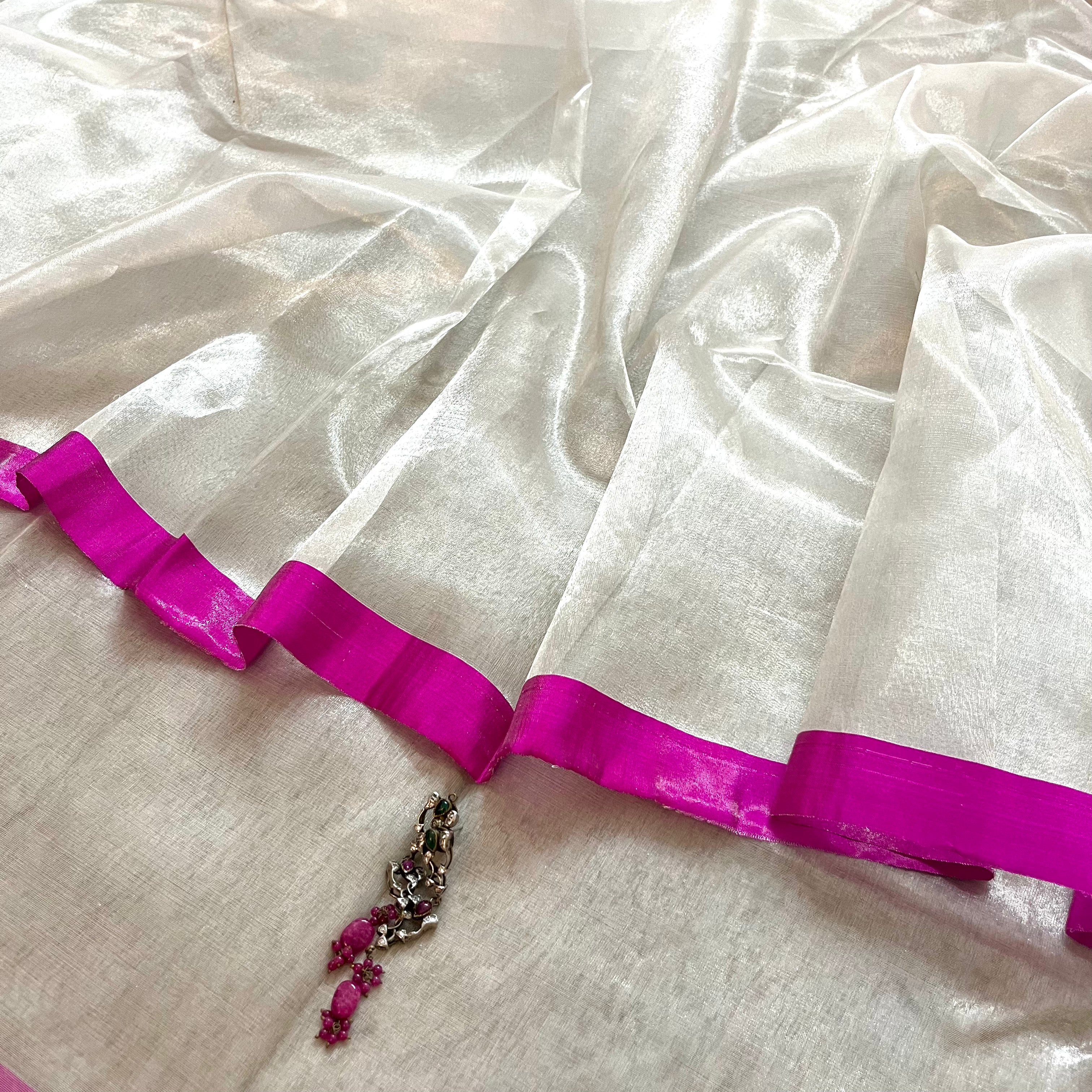 Silver white & hot pink chanderi tissue silk saree