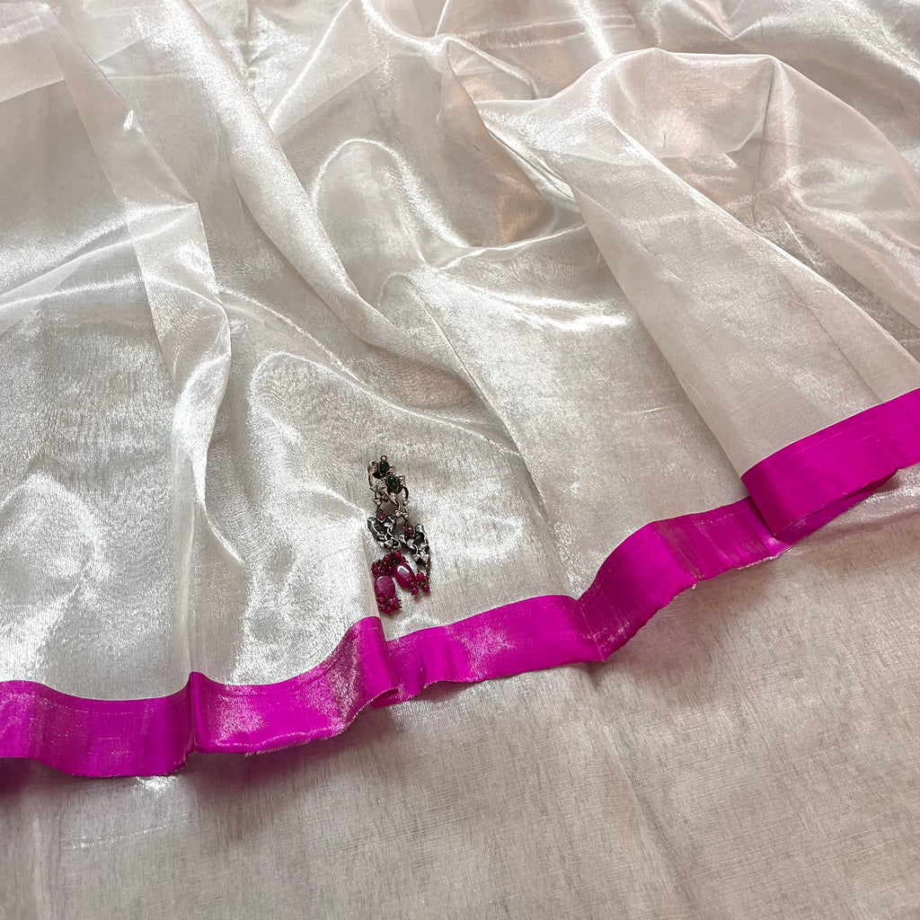 Silver white & hot pink chanderi tissue silk saree