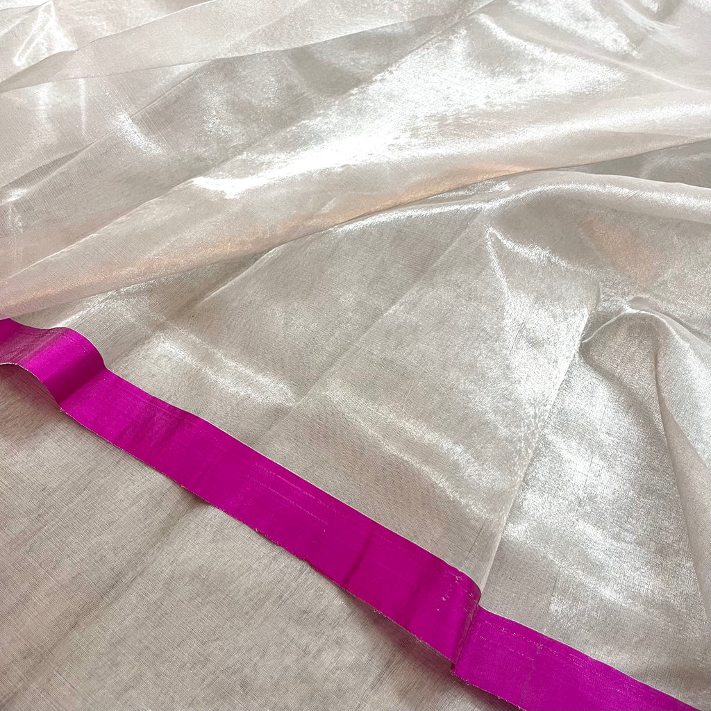 Silver white & hot pink chanderi tissue silk saree