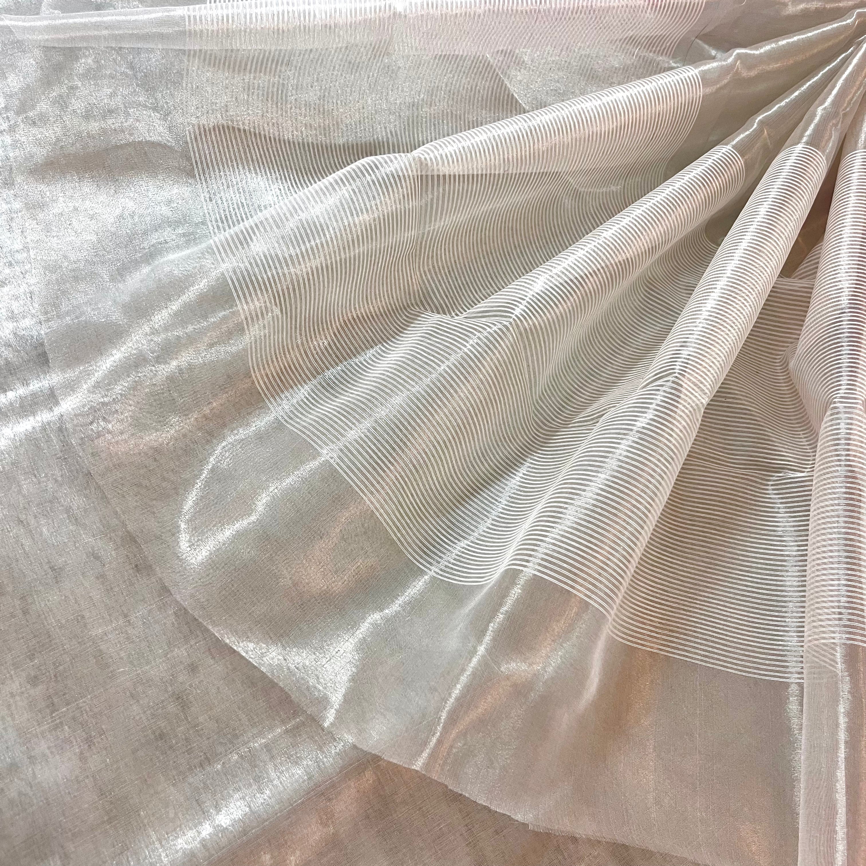 Silver white & hot pink chanderi tissue silk saree