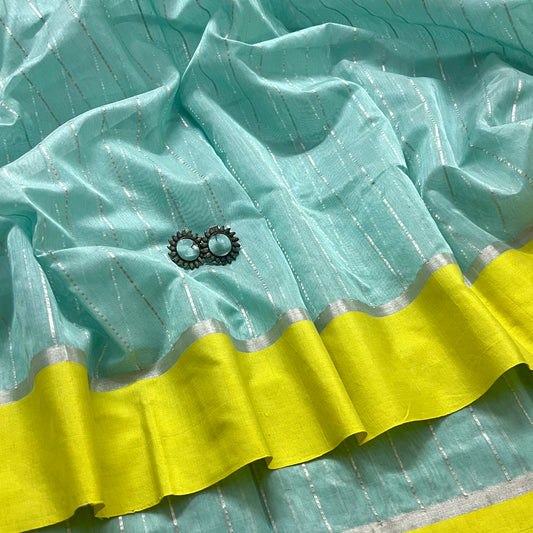 Blue and lemon chanderi saree with zari lines all over