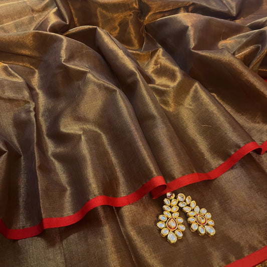 Bronze and red maheshwari tissue silk saree with zari lines on pallu