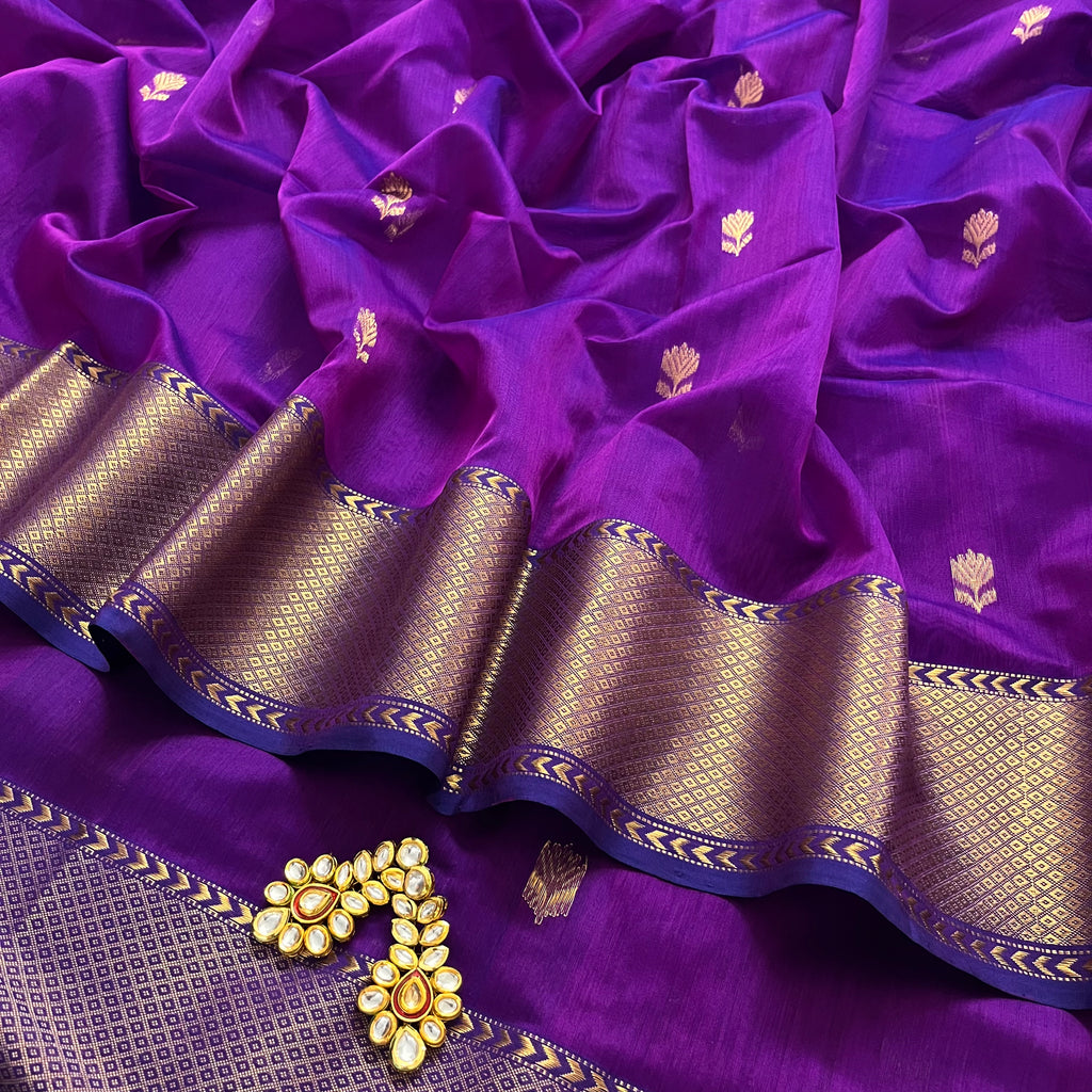 Violet dual tone maheshwari saree with flower motifs all over