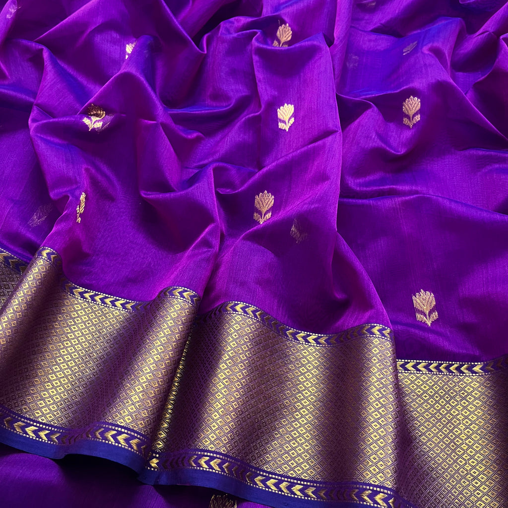 Violet dual tone maheshwari saree with flower motifs all over