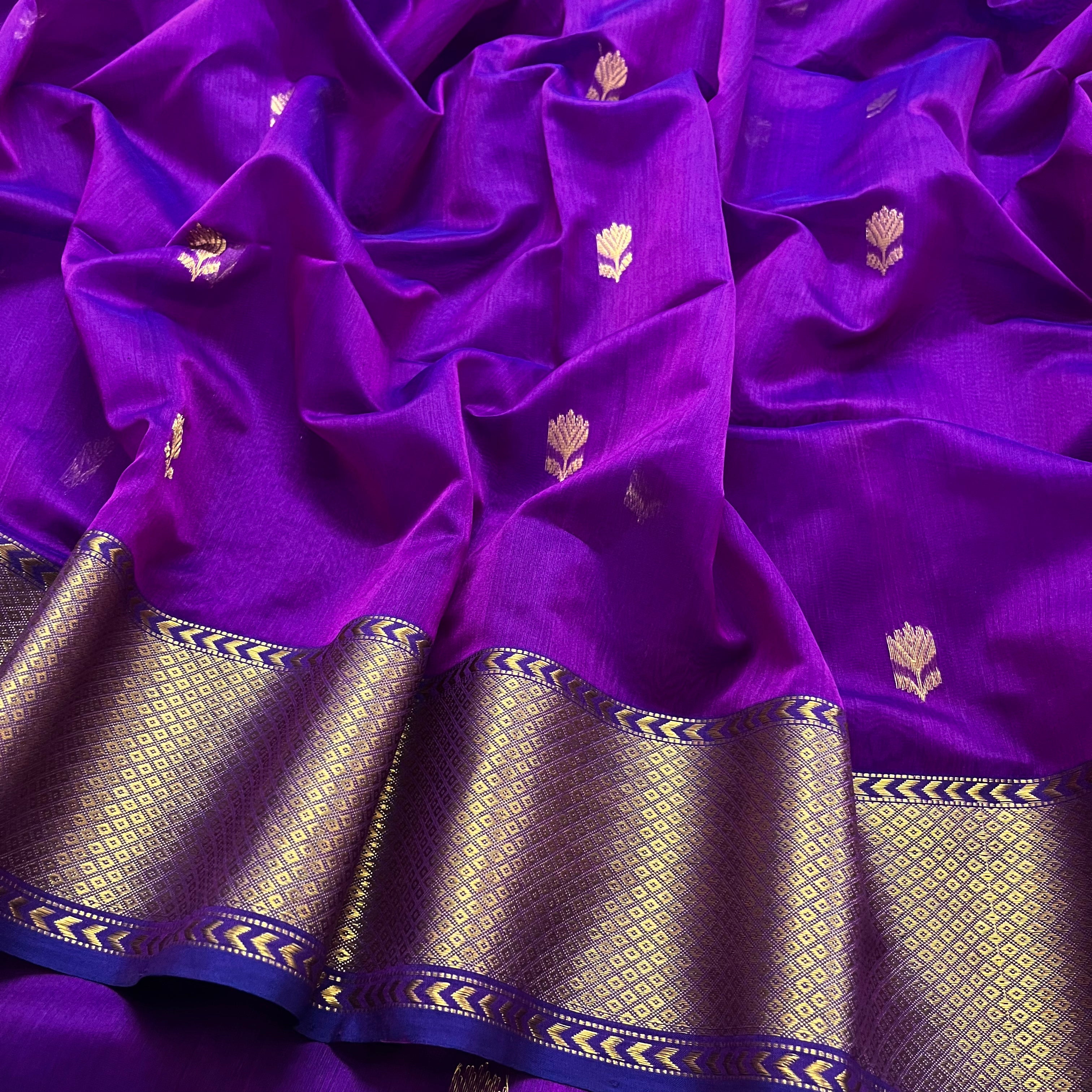Violet dual tone maheshwari saree with flower motifs all over