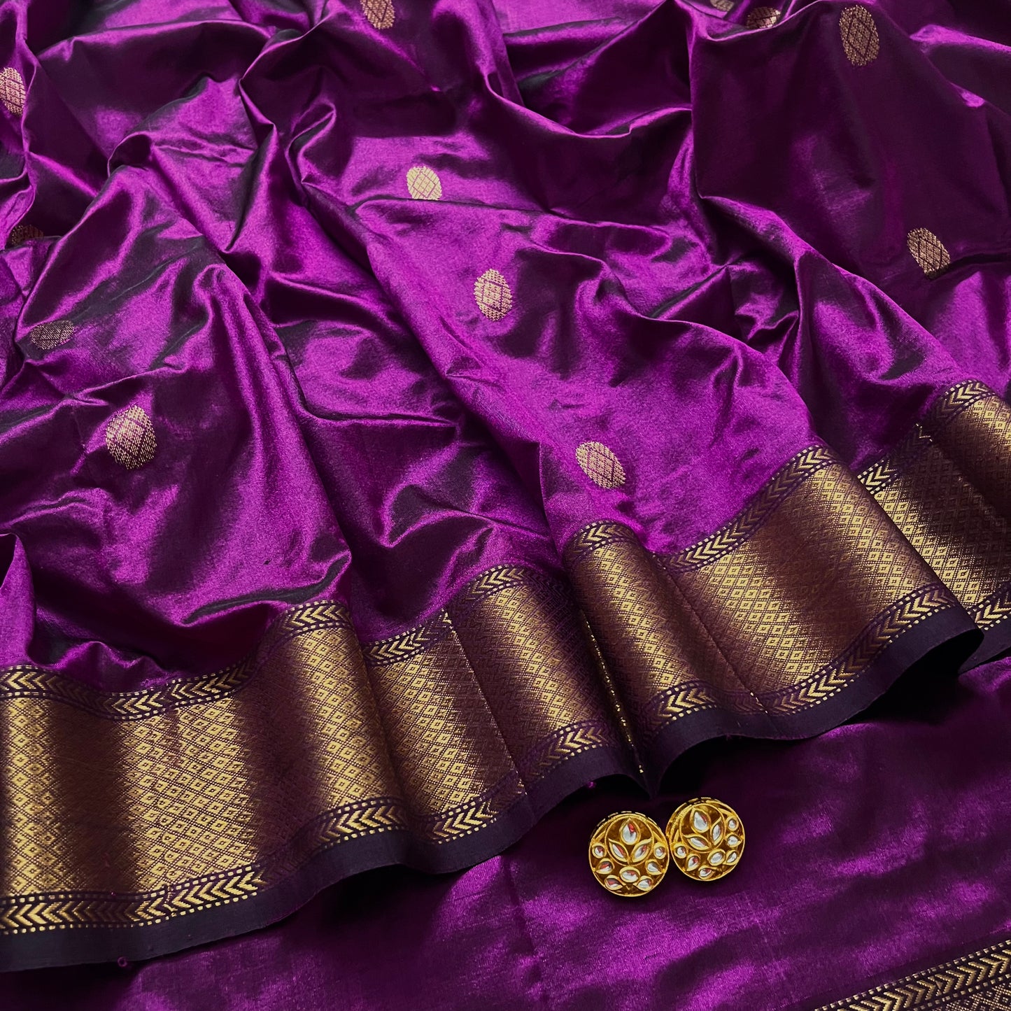 Violet maheshwari silk saree with zari bootis all over