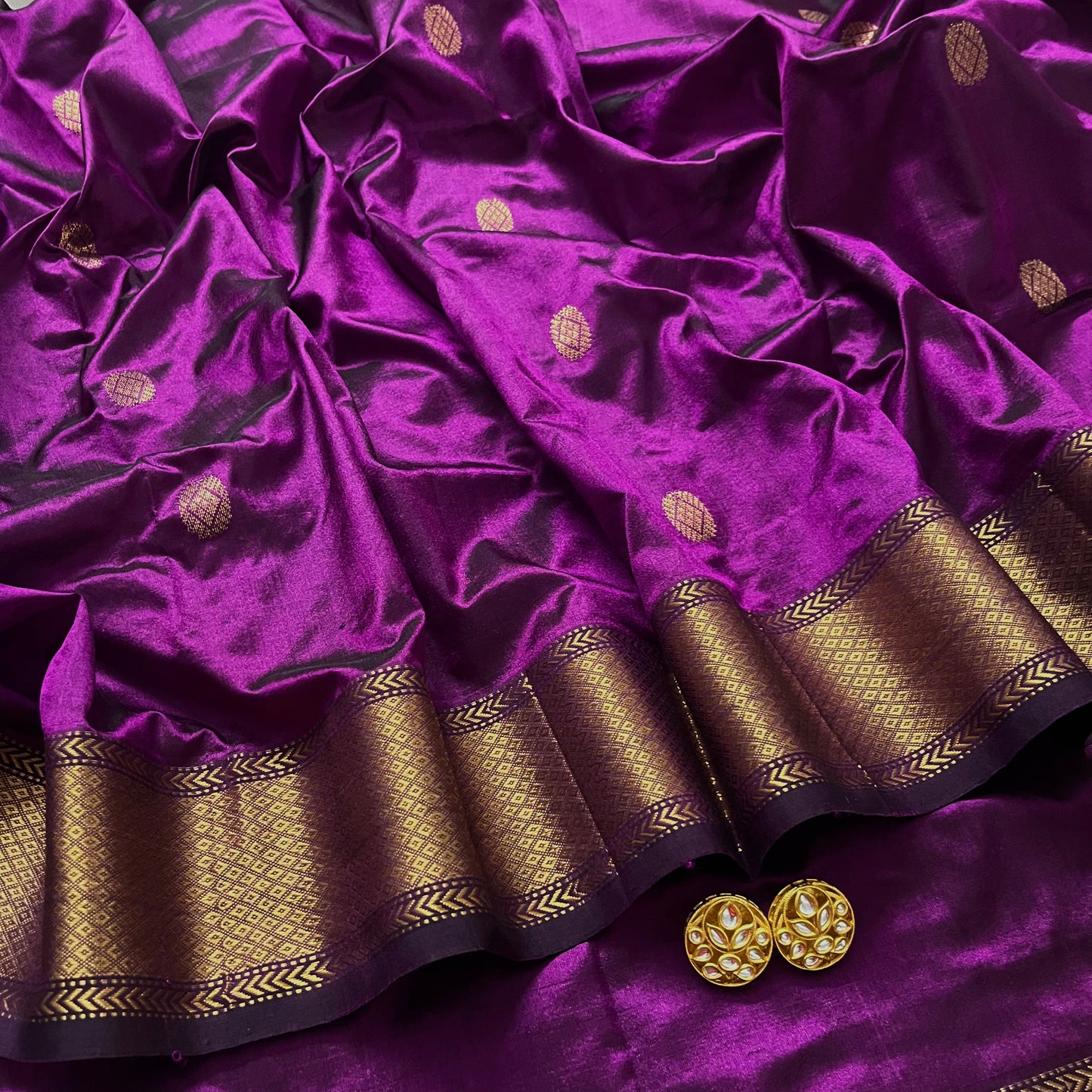 Violet maheshwari silk saree with zari bootis all over