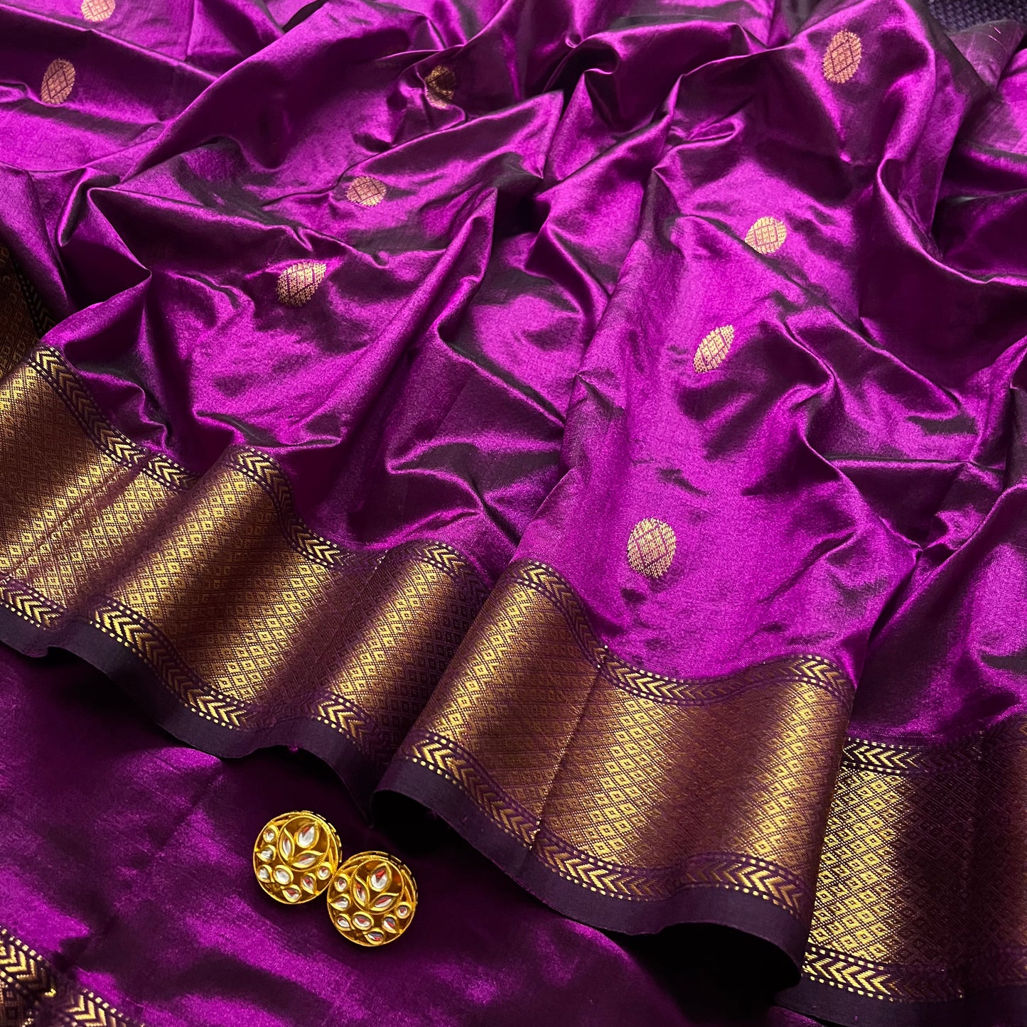 Violet maheshwari silk saree with zari bootis all over