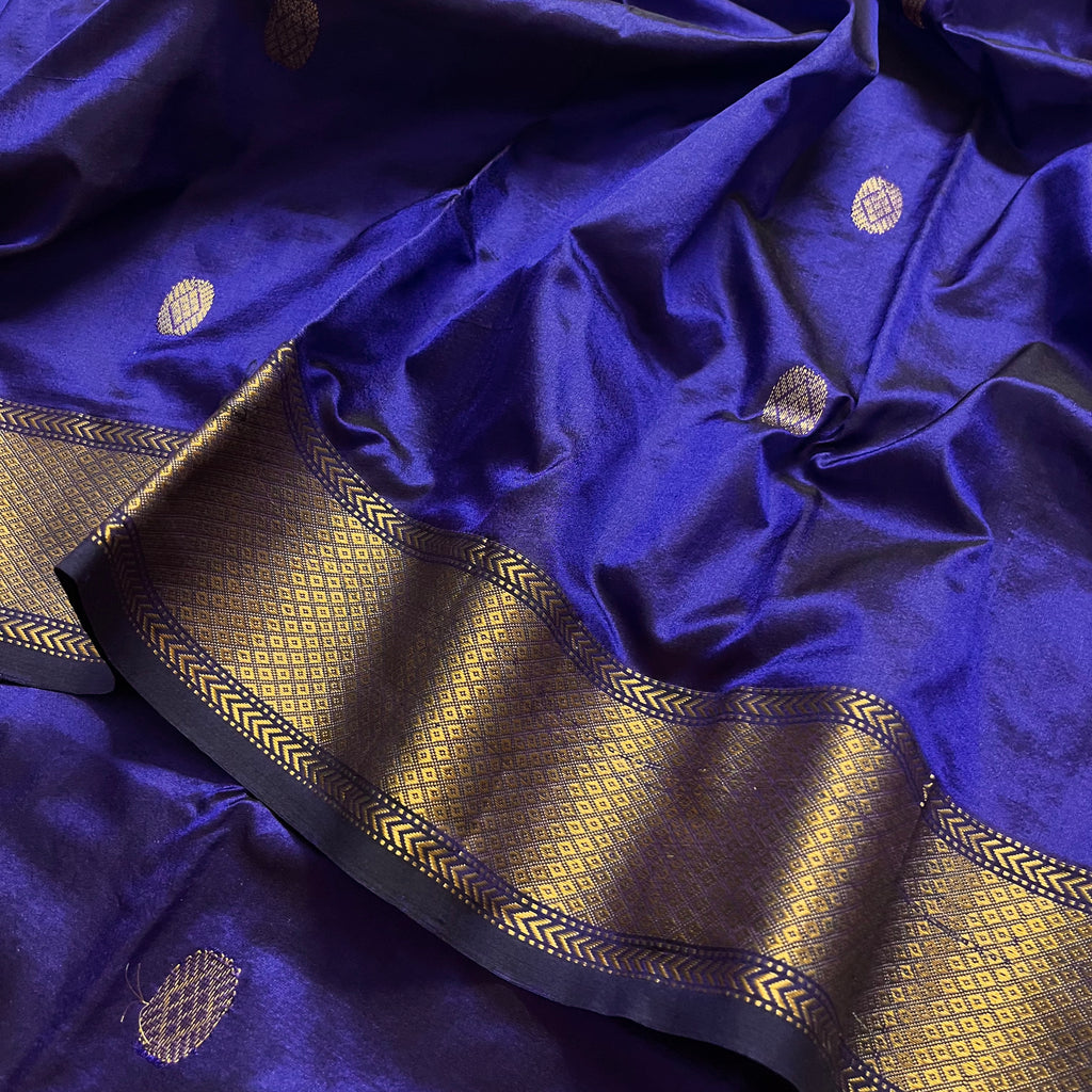 Dark blue maheshwari silk saree with zari bootis all over