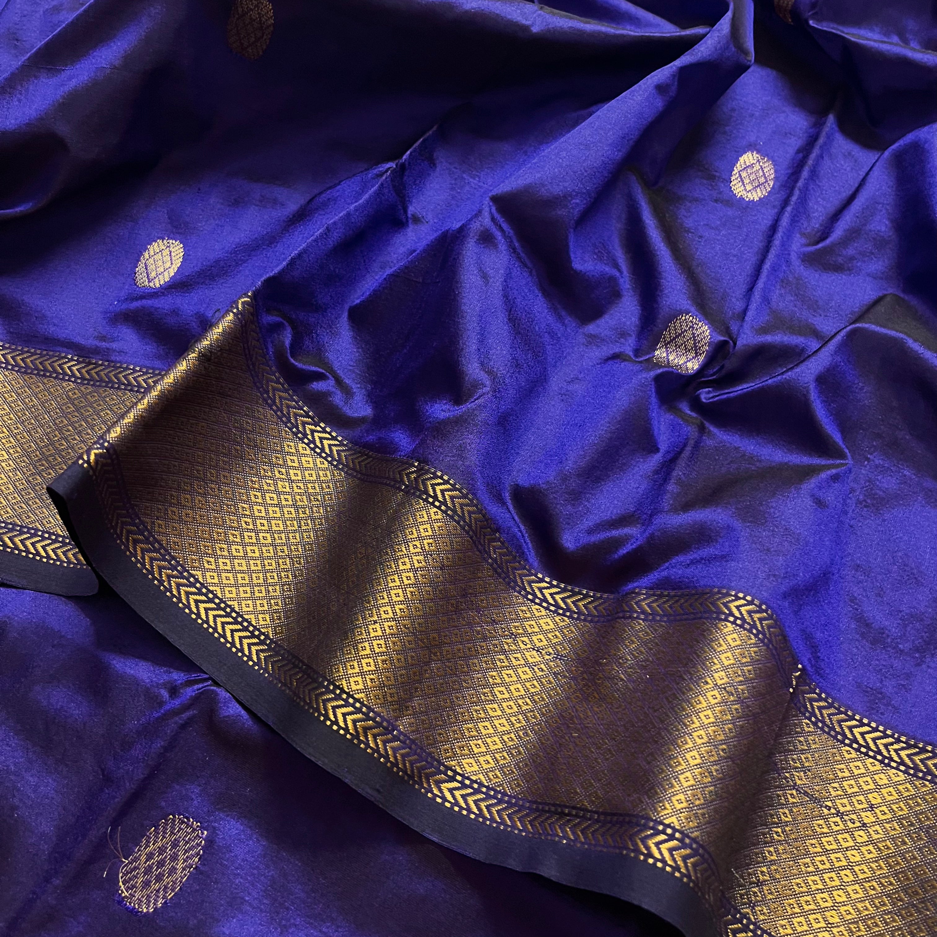Dark blue maheshwari silk saree with zari bootis all over