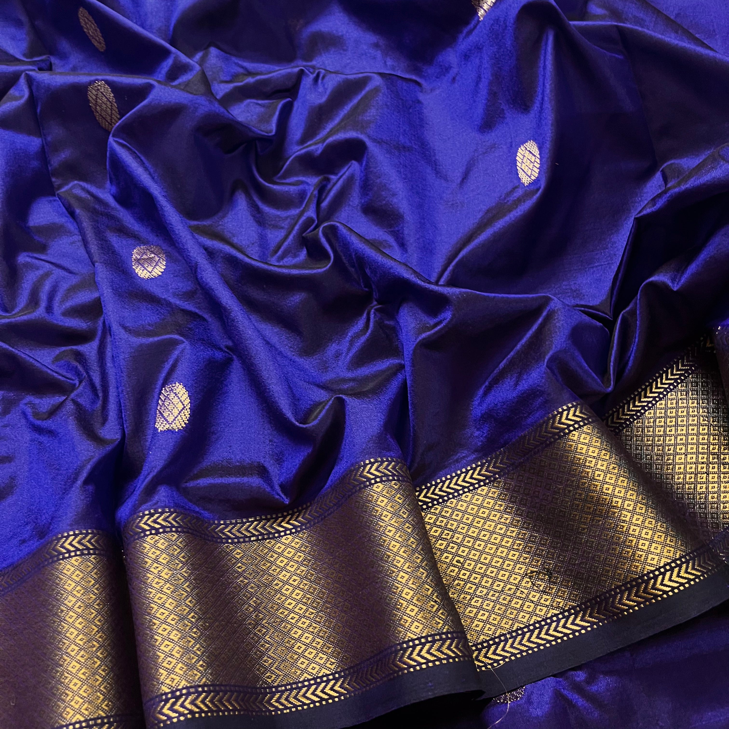 Dark blue maheshwari silk saree with zari bootis all over