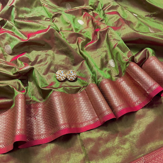 Olive green and red Maheshwari silk saree with zari bootis all over