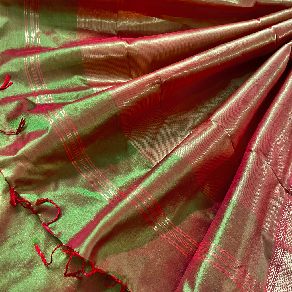 Olive green and red Maheshwari silk saree with zari bootis all over