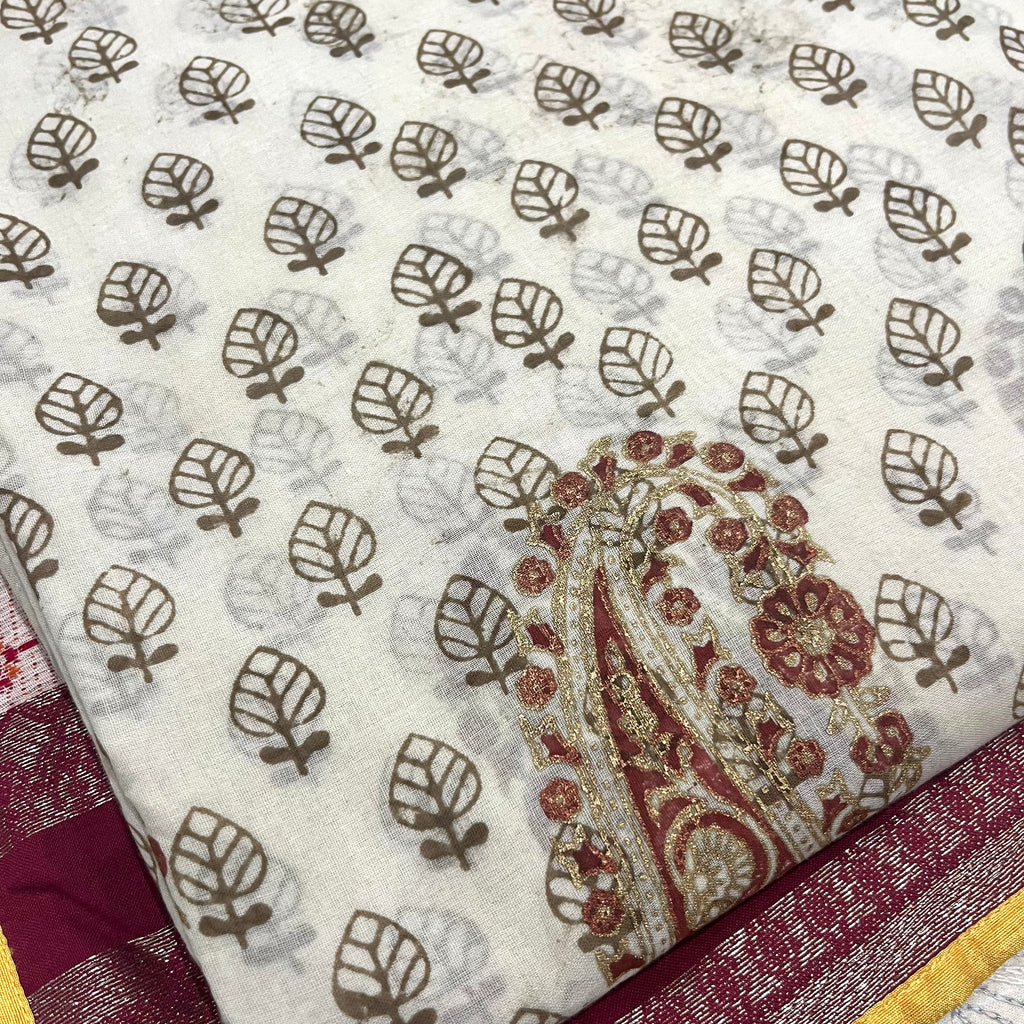 Off White & Olive Bagh Print Cotton Saree