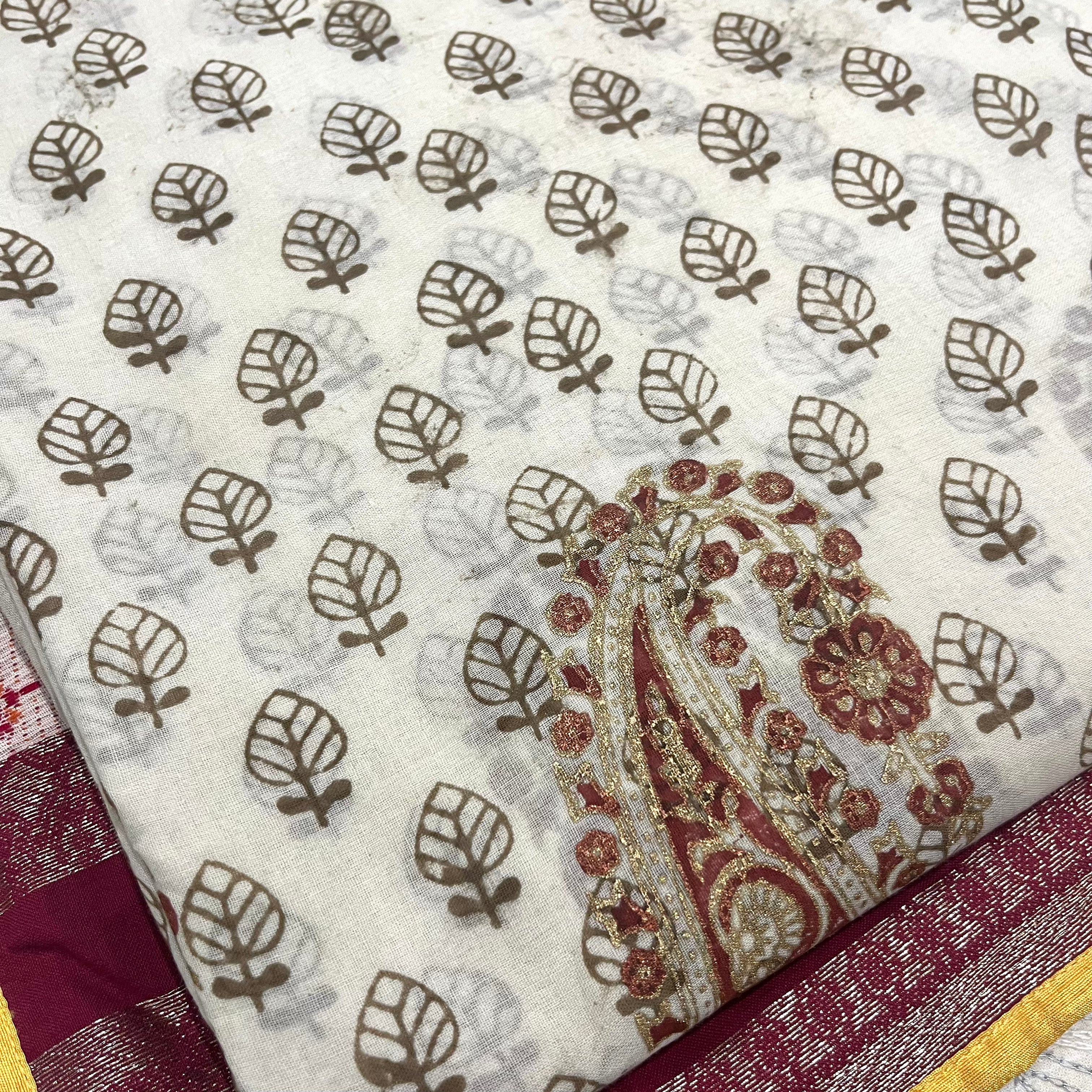 Off White & Olive Bagh Print Cotton Saree