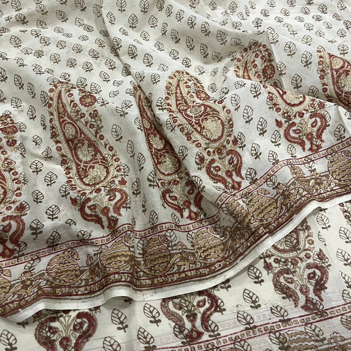 Off White & Olive Bagh Print Cotton Saree