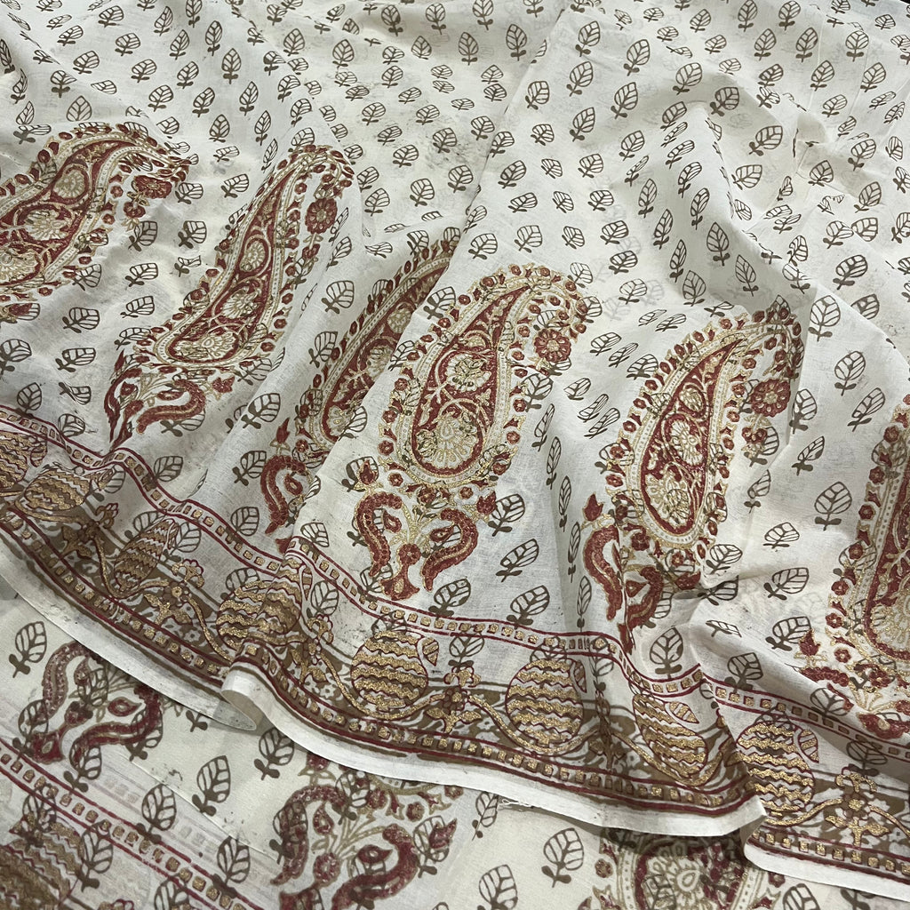 Off White & Olive Bagh Print Cotton Saree