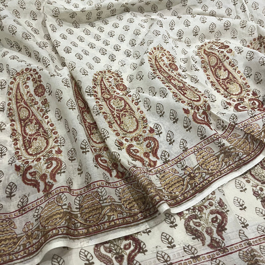 Off White & Olive Bagh Print Cotton Saree