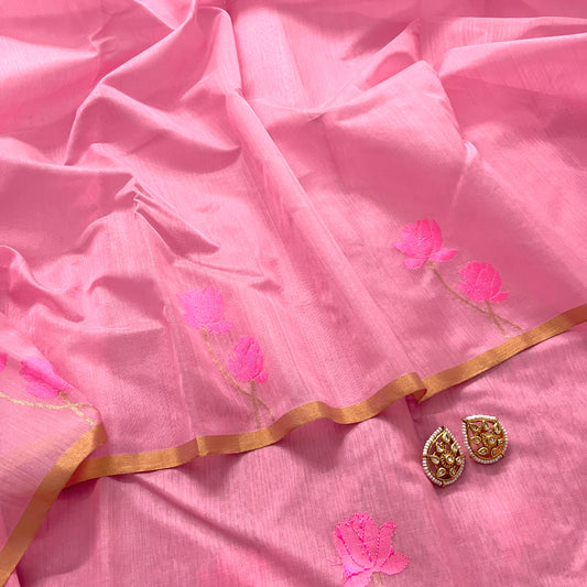 Summer Pink Chanderi Saree with Pink Lotus Motifs all over