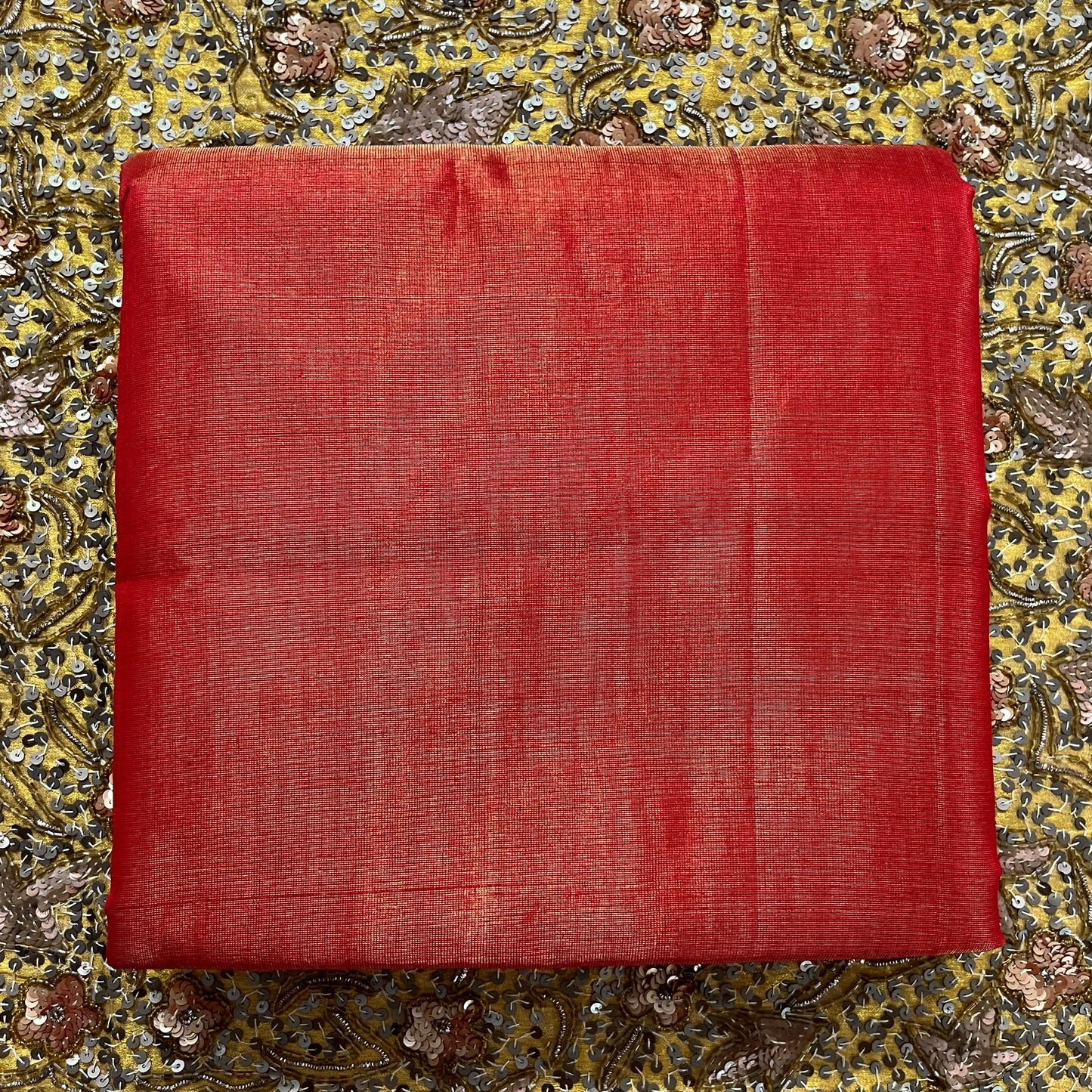 Red Maheshwari tissue silk saree with zari lines on pallu