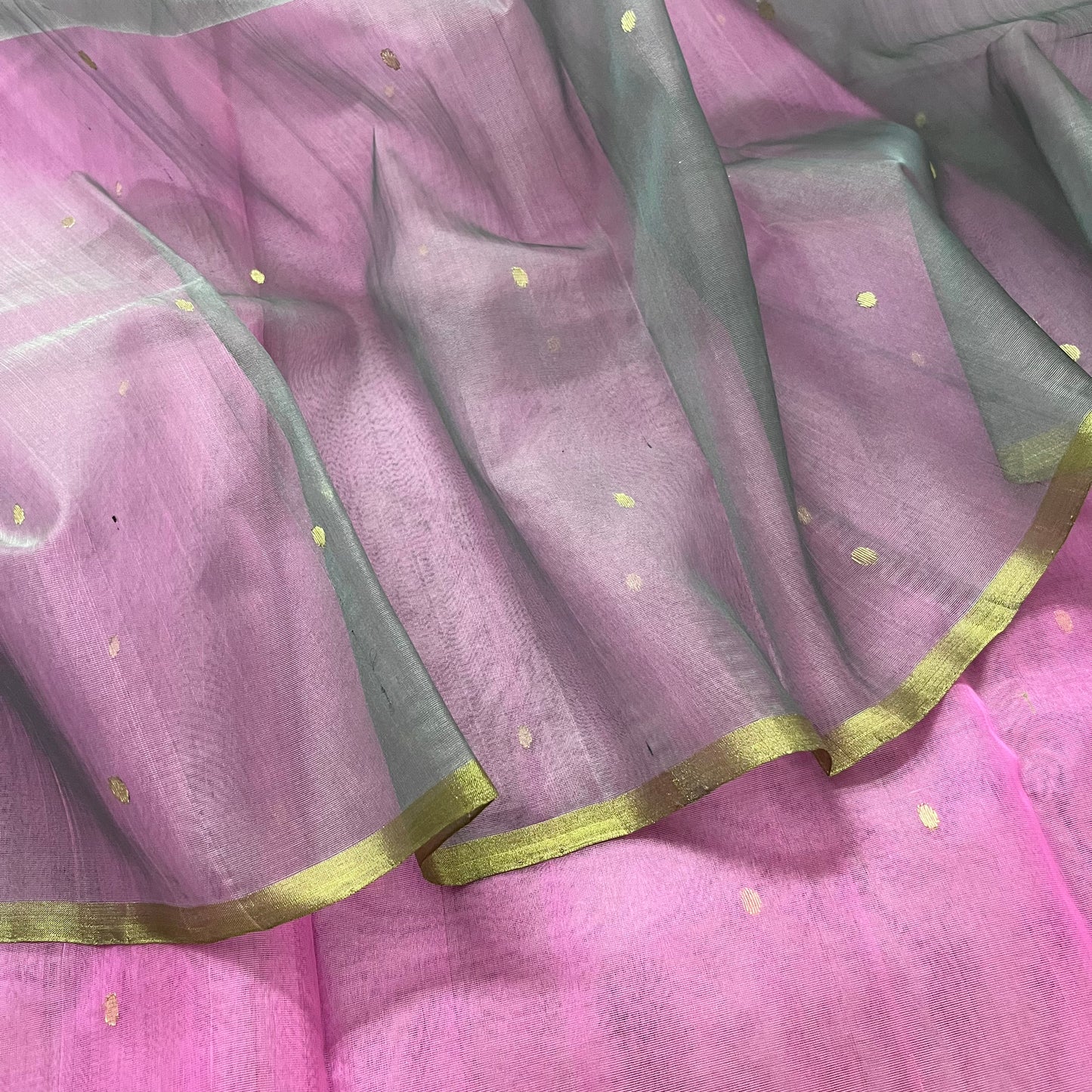 Grey and Pink half and half chanderi silk saree with Zari bootis all over