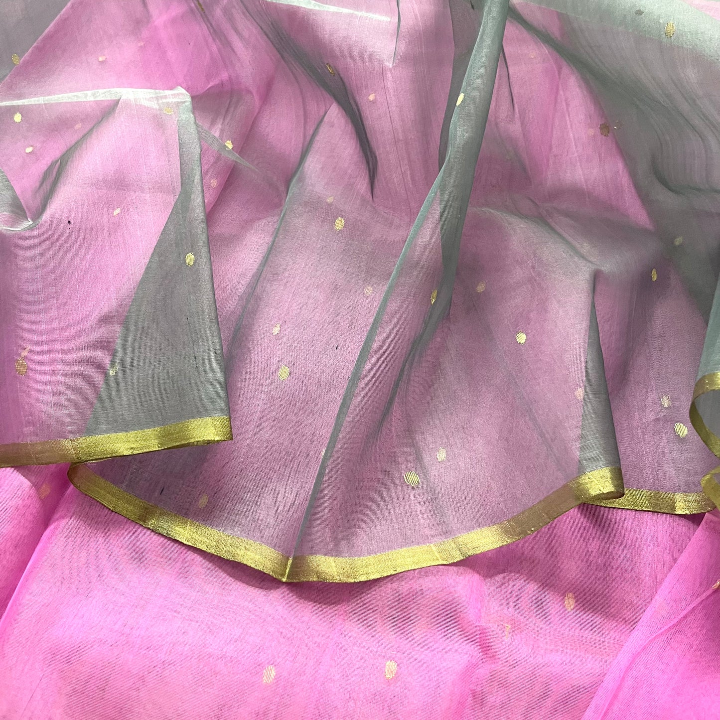 Grey and Pink half and half chanderi silk saree with Zari bootis all over