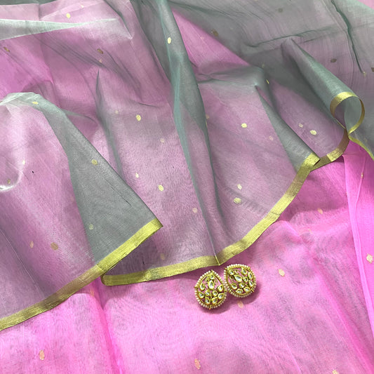 Grey and Pink half and half chanderi silk saree with Zari bootis all over