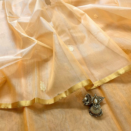 Summer Peach Chanderi Organza Silk Saree with leaf motifs all over