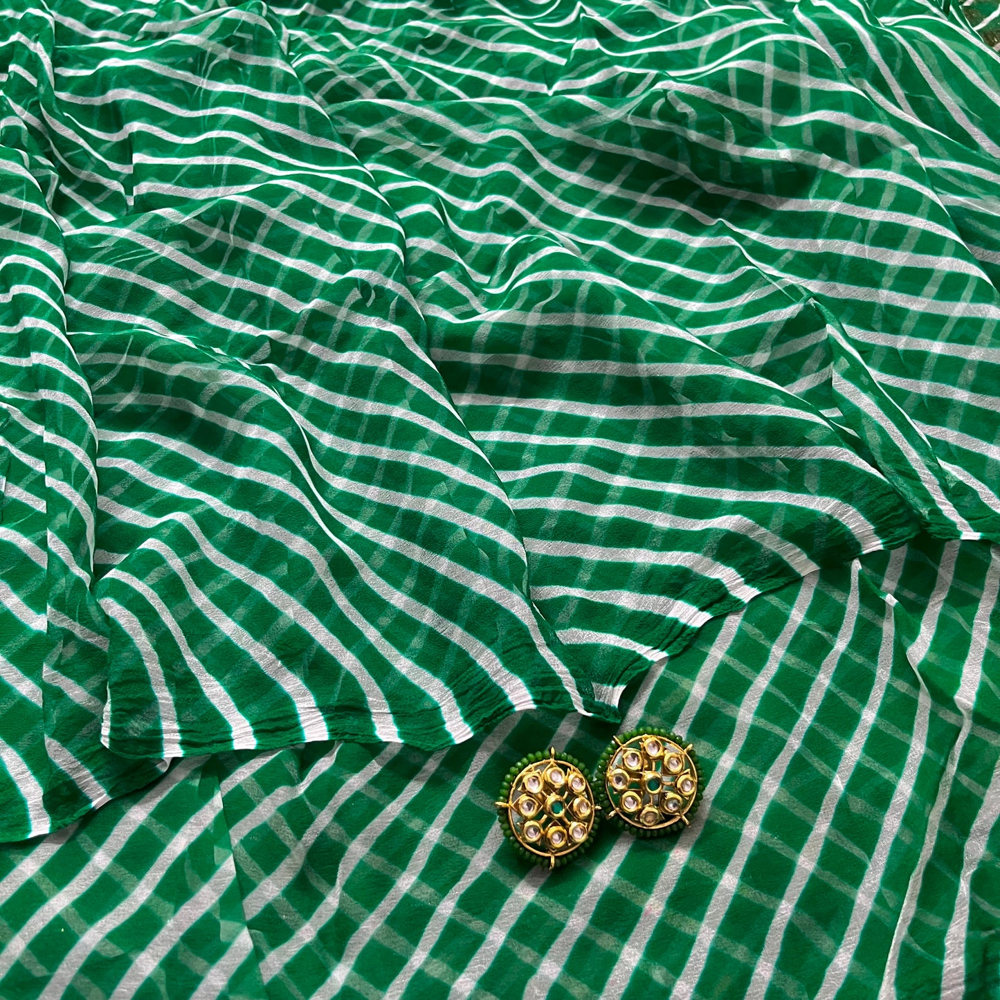 Dark Green Lehariya Chiffon Saree