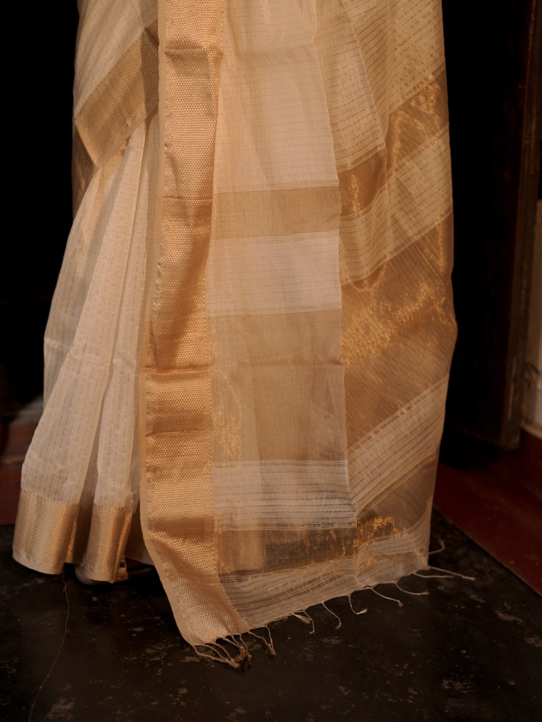 Off white and gold maheshwari with zari checks all over