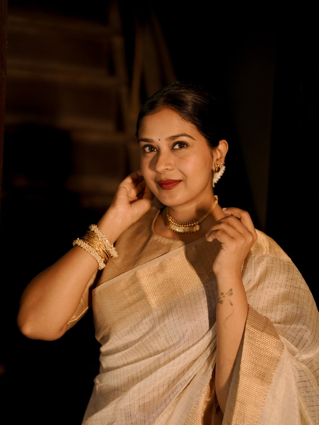 Off white and gold maheshwari with zari checks all over