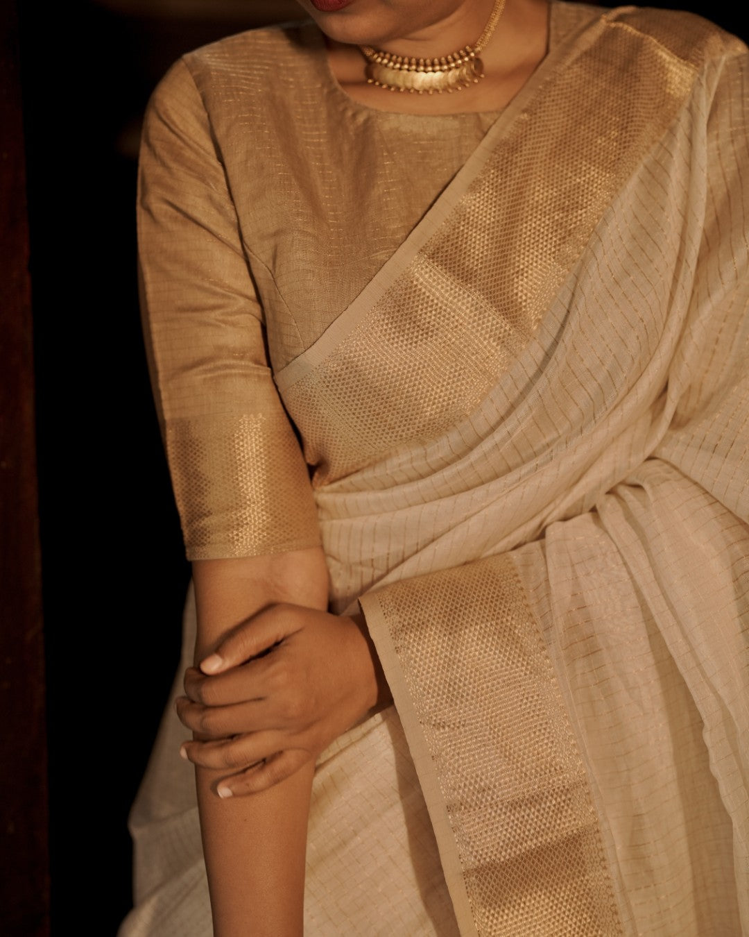 Off white and gold maheshwari with zari checks all over